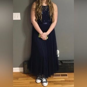 Candalite Petite navy blue spaghetti strap floor length formal dress